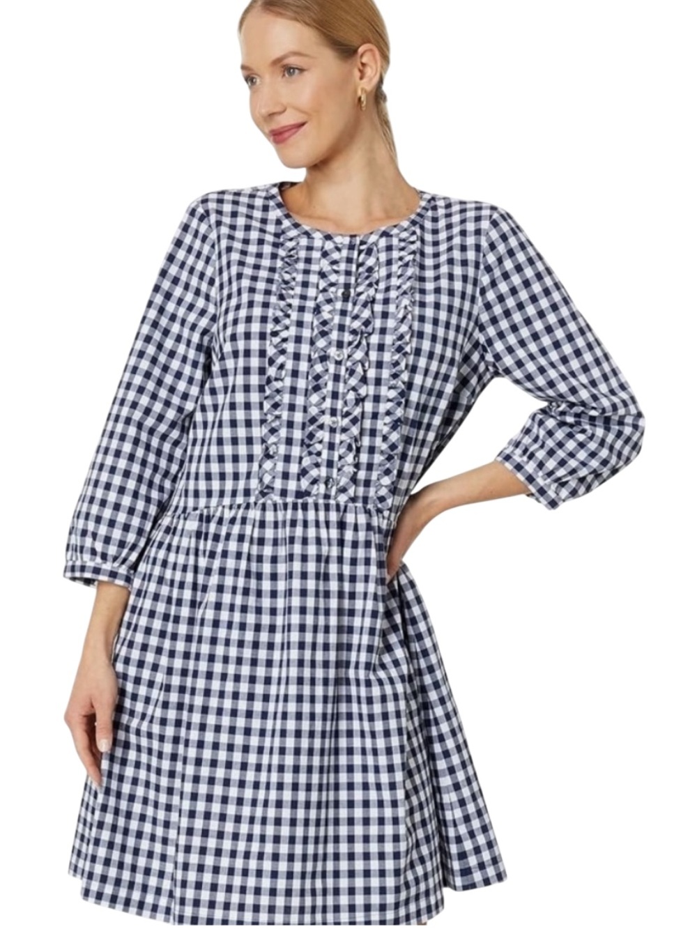 Draper James Navy and White Gingham Dress with Ruffle Detail